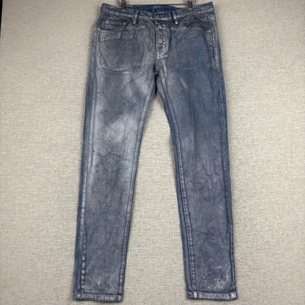 Marni Mens Metallic Silver Waxed Coated Blue Denim Jeans Button Fly 34x32